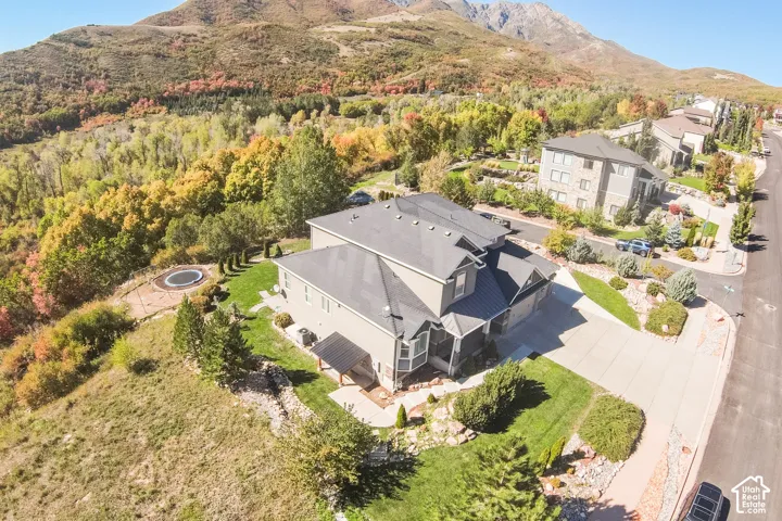 Expansive front driveway, covered outdoor patio, manicured lawn, and mature landscaping