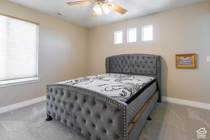 Neutral wall color, light gray carpeting, window with blinds, ceiling fan with light, three transom windows