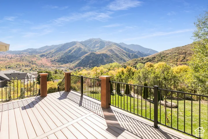 Expansive outdoor deck with composite decking and black metal railings