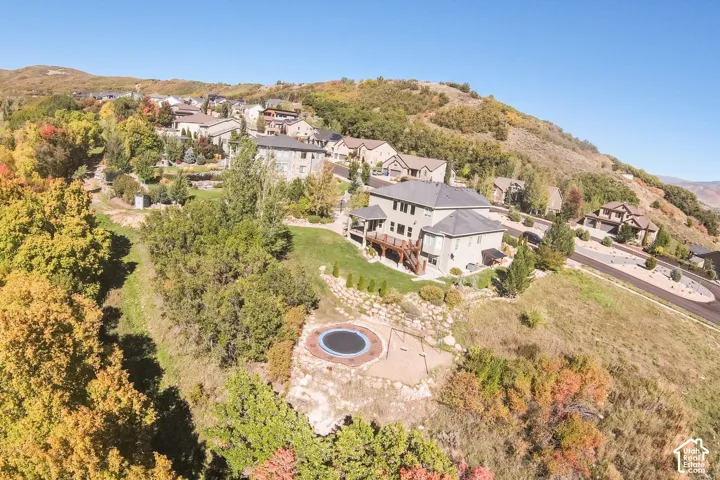 Sloping hillside property featuring mature trees and established landscaping