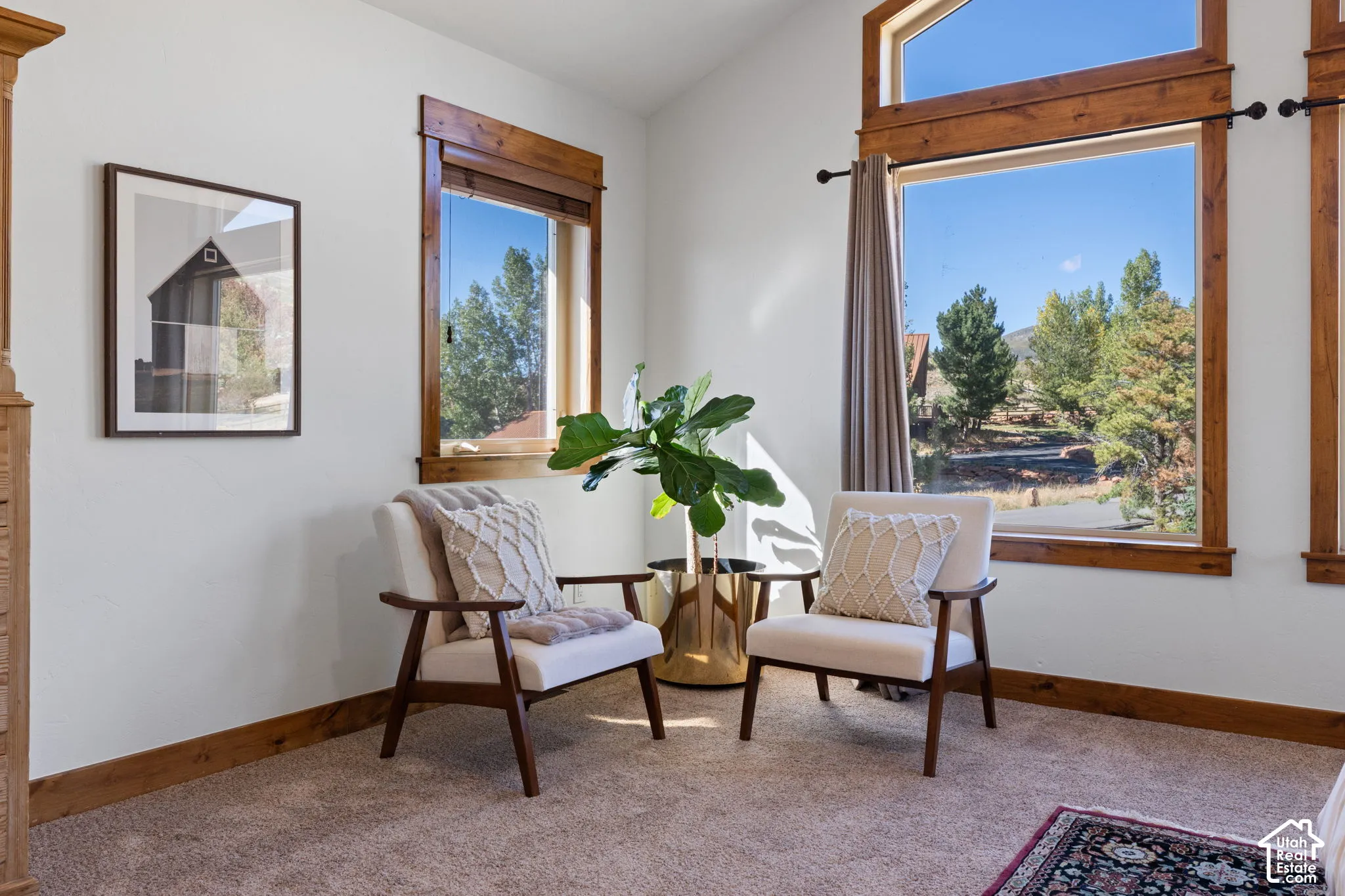 Expansive windows with wood trim, vaulted ceilings, and plush carpet flooring