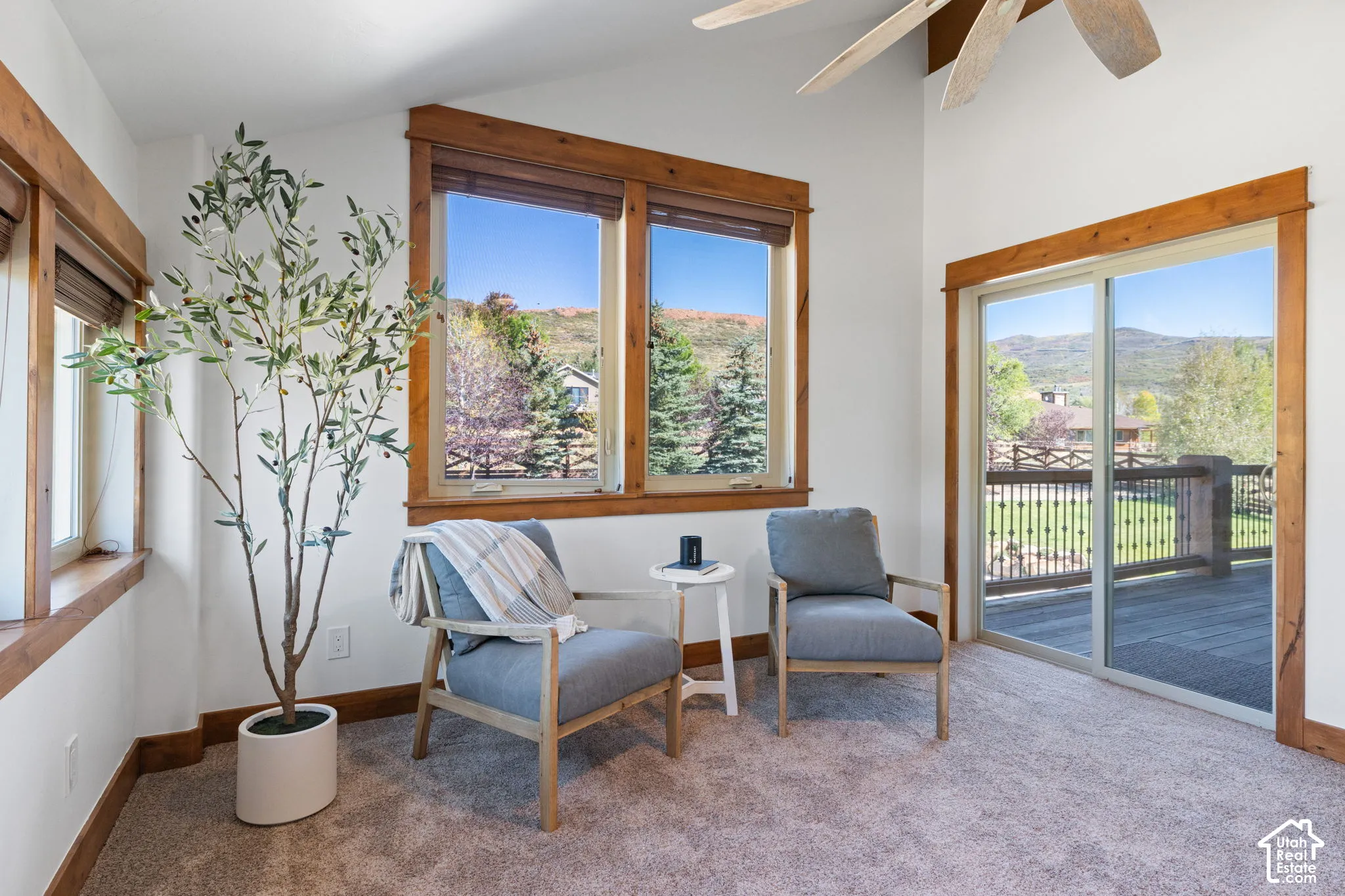 Vaulted ceiling with a ceiling fan, sliding glass door to an outdoor deck, large windows with wood trim, and wall-to-wall carpeting