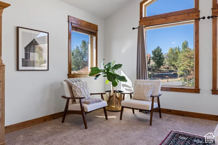 Expansive windows with wood trim, vaulted ceilings, and plush carpet flooring