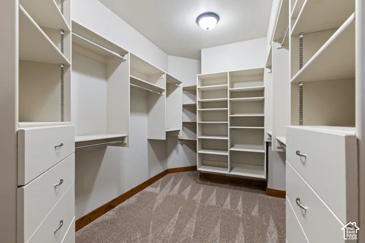 Custom closet system featuring multiple hanging rods, built-in shelving, integrated drawers, and neutral carpeting