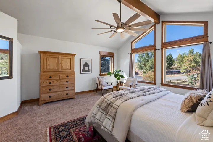 Vaulted ceiling with exposed wood beams, large windows with natural wood trim, ceiling fan, and carpeted flooring