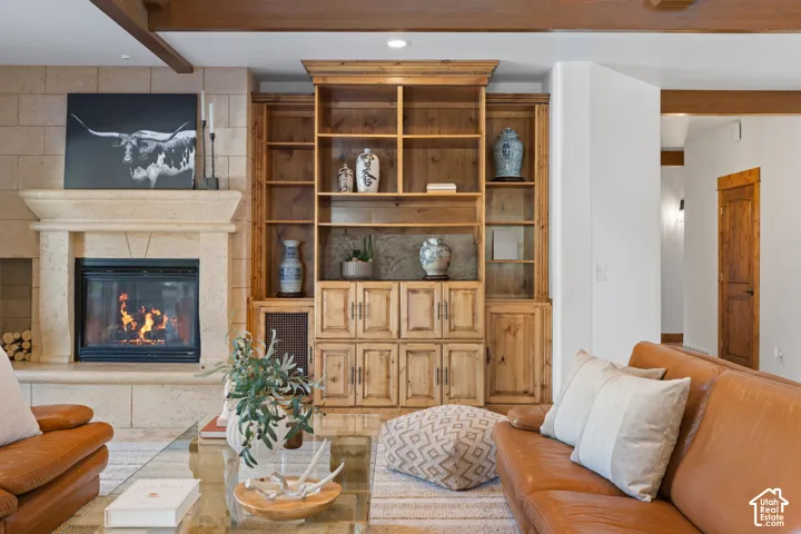 Stone-clad fireplace with mantel, built-in shelving, exposed ceiling beams, and wood-paneled door