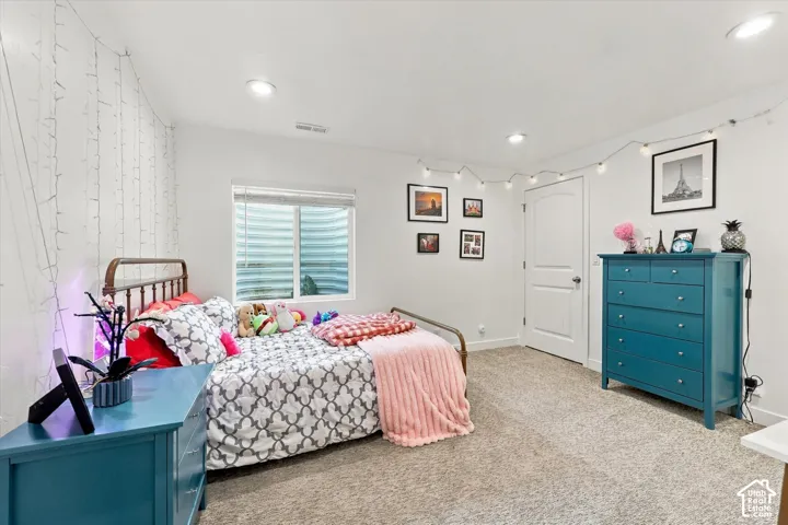Recessed lighting, light-colored carpeting, white interior doors, and a window with blinds