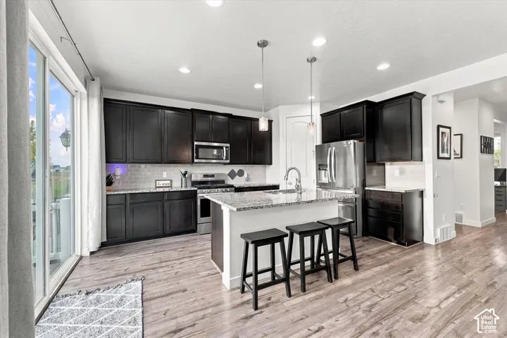 Kitchen featuring wood-finish flooring, dark cabinetry, a center island with pendant lighting, a tile backsplash, and stainless steel appliances