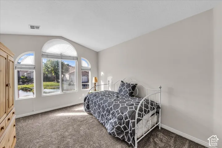 Vaulted ceiling with textured finish, light gray wall paint, and plush carpet flooring
