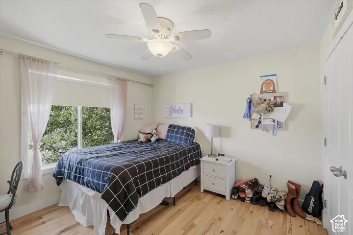 Wood-finish flooring with a ceiling fan light fixture