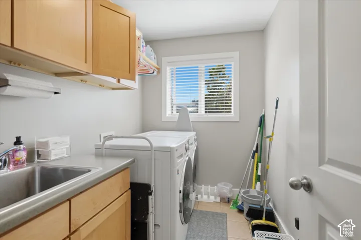 Built-in cabinetry, stainless steel sink, countertop workspace, and a window with horizontal blinds