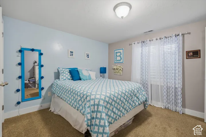 Wall-to-wall carpeting, light-toned walls, and a flush mount ceiling light fixture
