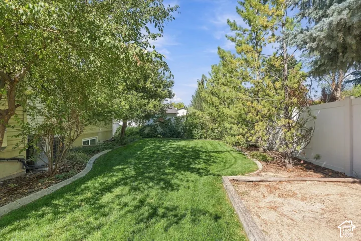Expansive grassy lawn with established trees and a privacy fence
