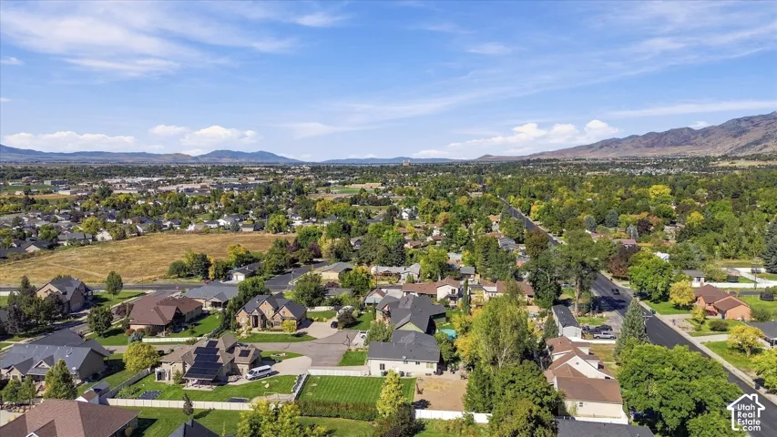 Expansive residential area with mature trees and mountain scenery