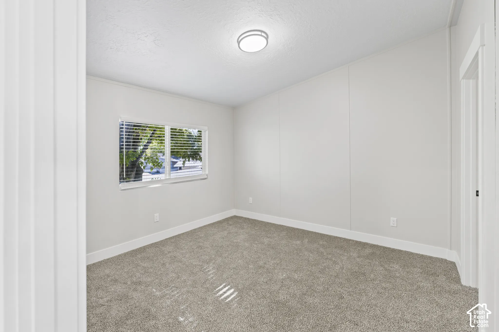Carpeted room with a flush-mount ceiling light fixture, a window with blinds, and white trim