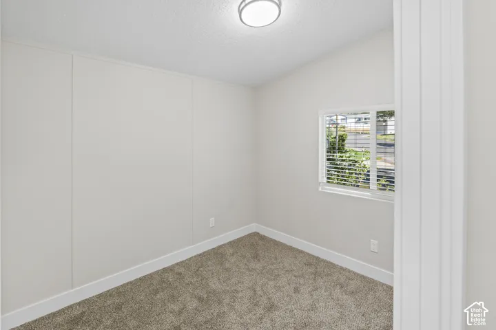 Recessed window with blinds, overhead flush-mount lighting, and wall-to-wall carpeting