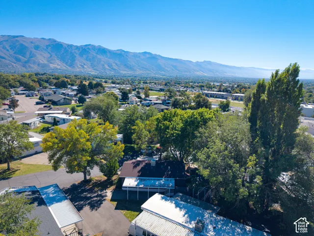Mountain backdrop, residential area, mature trees, paved surfaces, clear skies