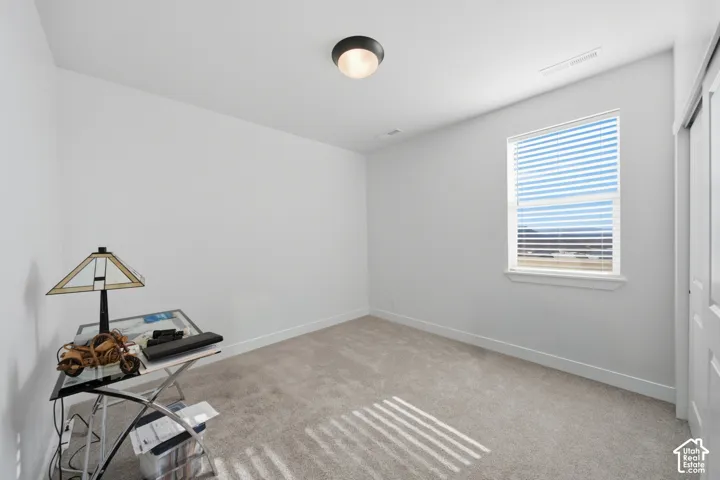 Plush carpet flooring, a single window with blinds, and an overhead flush-mount light fixture