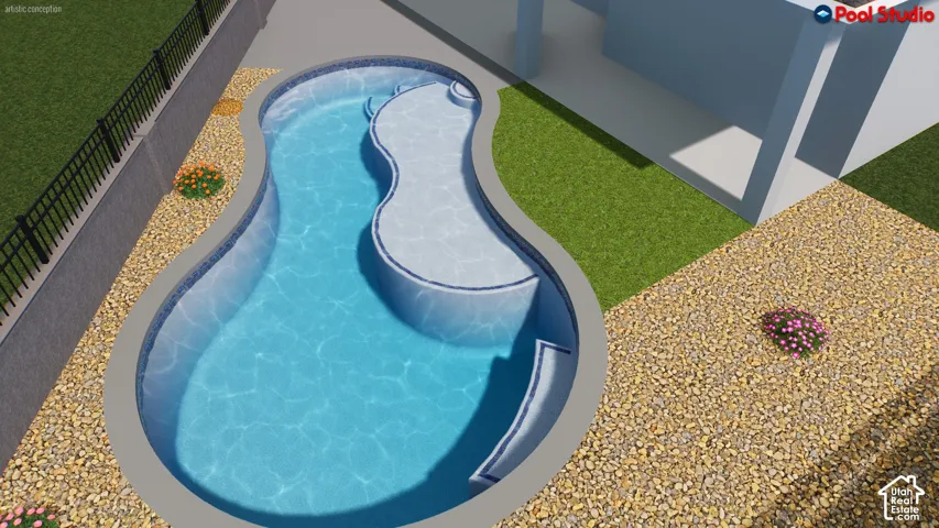 Freeform swimming pool with integrated spa and entry steps