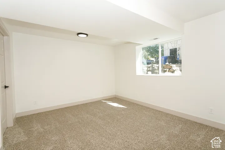 Carpeted room with white painted walls, a flush-mount ceiling light, and a single window
