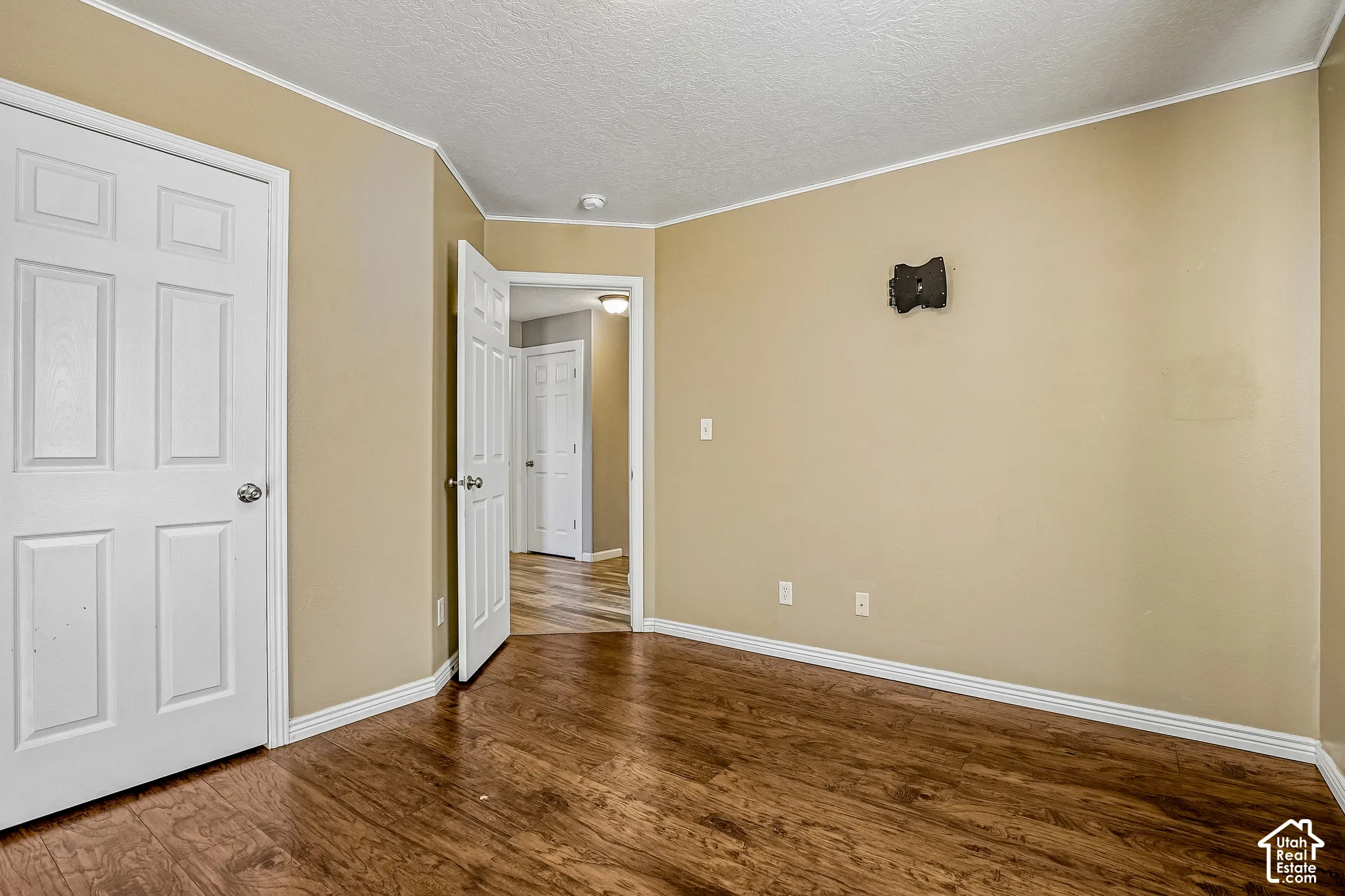 Wood-finish flooring with white trim and a neutral wall color
