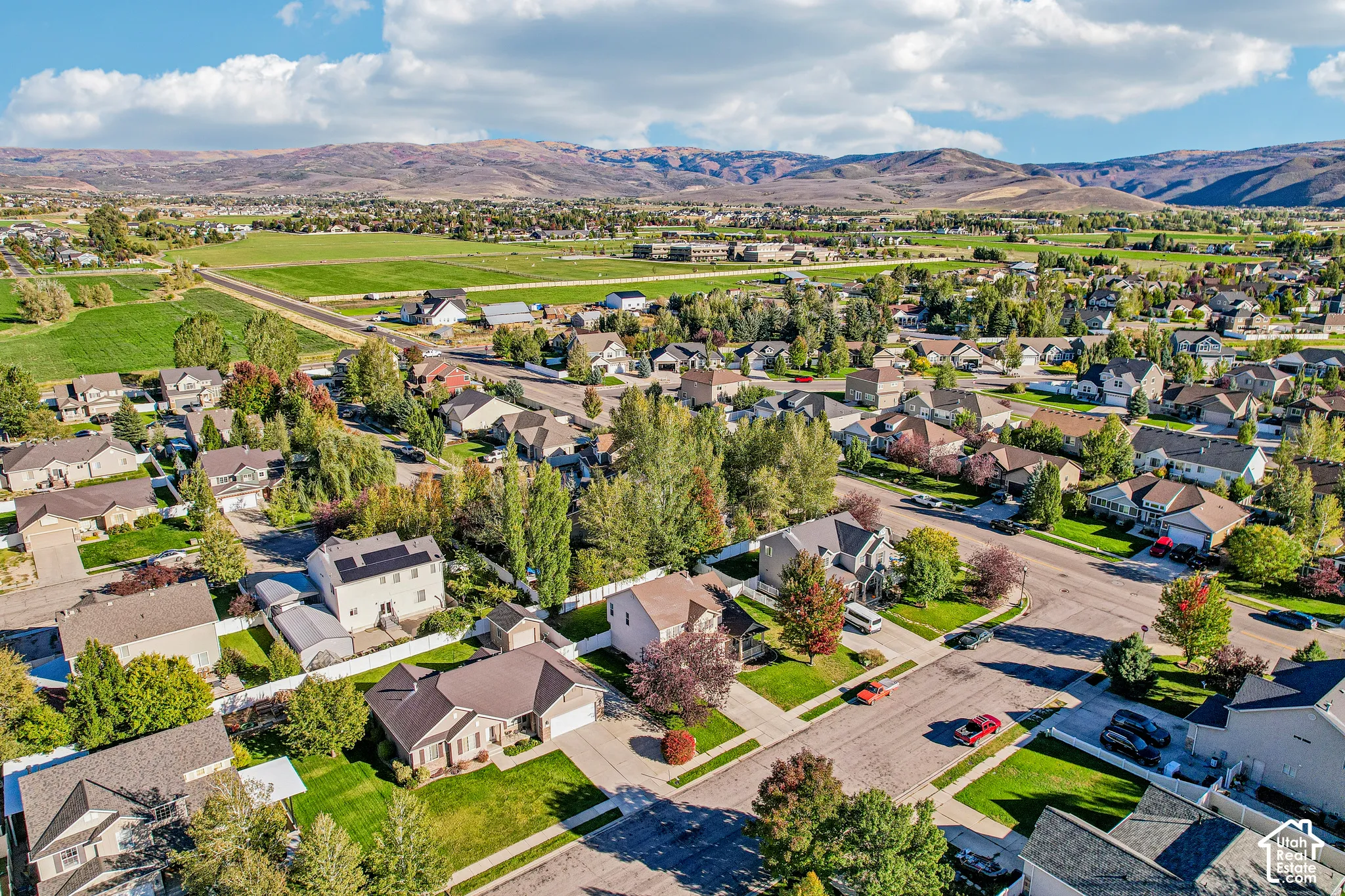 Expansive residential community with established homes, green lawns, and mature trees