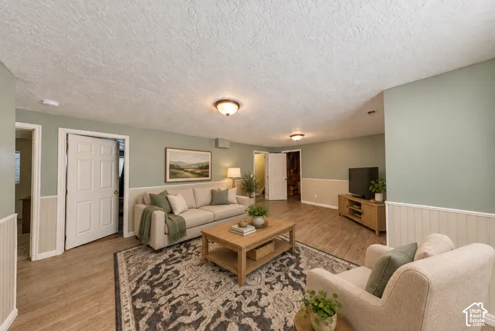 Wood-finish flooring, wainscoting, flush-mount lighting, and neutral wall tones