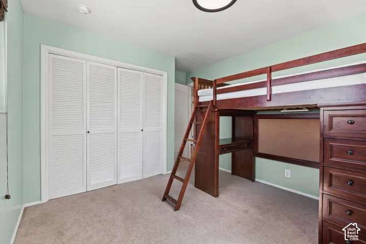 Wall-to-wall carpeting and white louvered bi-fold closet doors