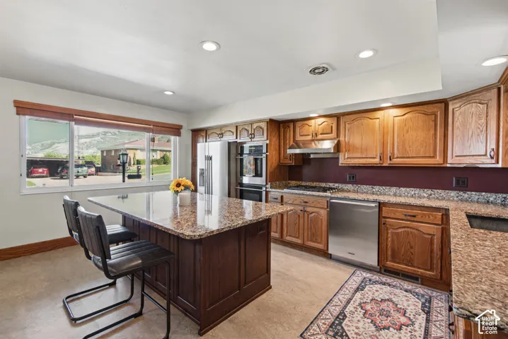 Kitchen featuring wood cabinetry, a center island with a granite countertop, stainless steel appliances, and recessed lighting