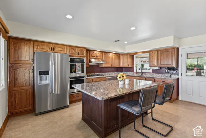 Kitchen featuring wood cabinetry, stainless steel appliances, a center island with a stone countertop, and recessed lighting