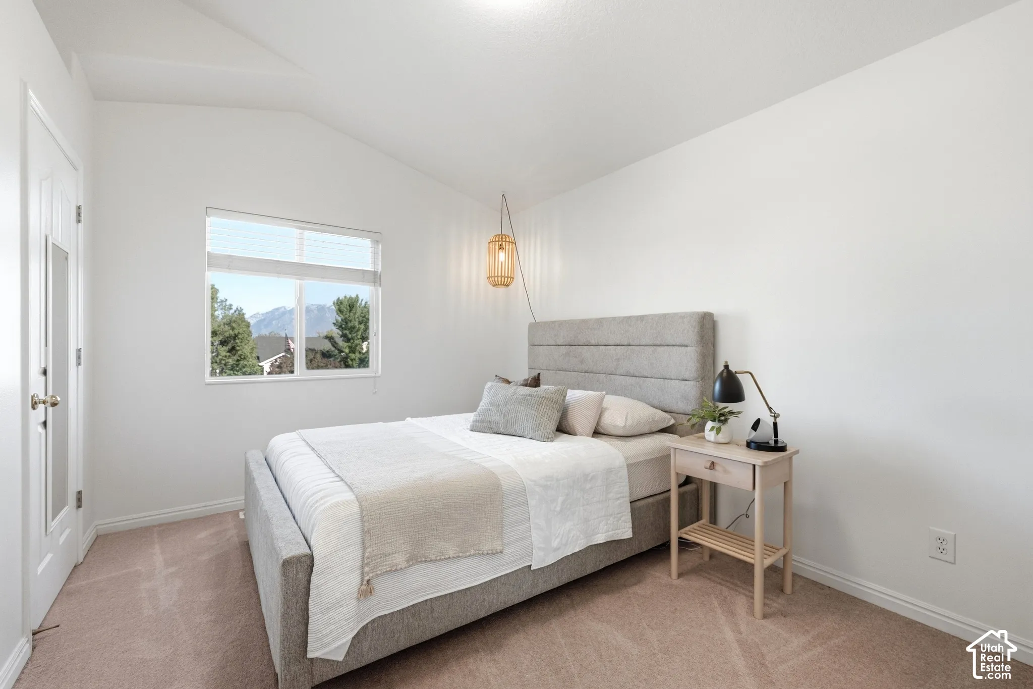 Vaulted ceiling, neutral wall paint, light-colored carpeting, white window frame, and a white door with a frosted glass panel