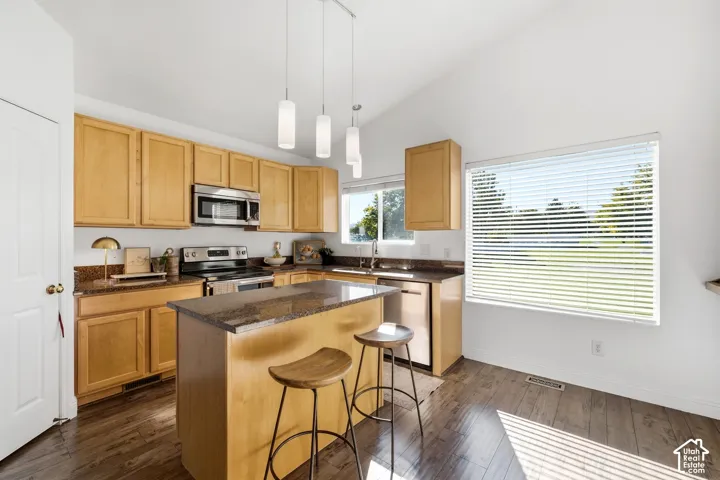 Kitchen featuring wood-finish flooring, vaulted ceiling, stainless steel appliances, and a central island with a stone-finish countertop