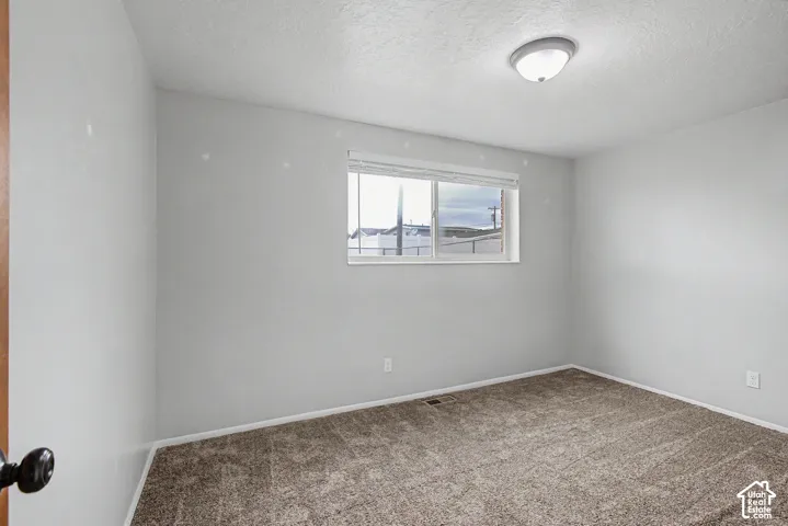 Window with blinds, wall-to-wall carpeting, and a flush mount ceiling light