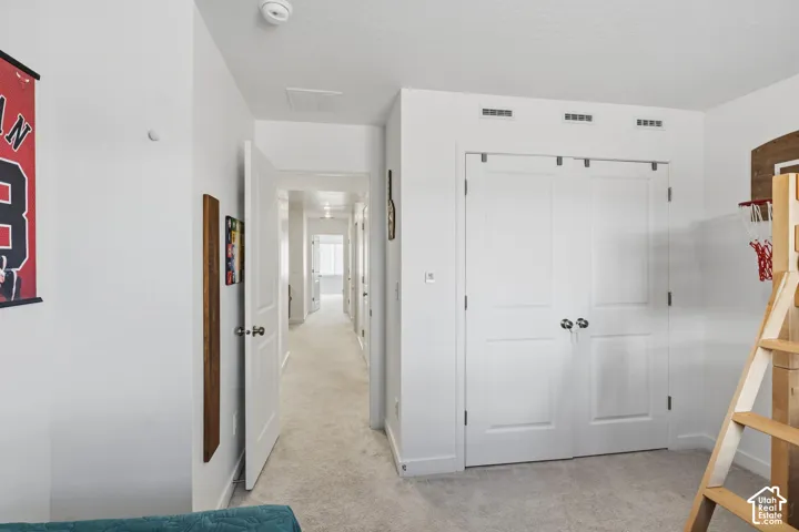 Hallway with neutral tone carpeting and white paneled doors