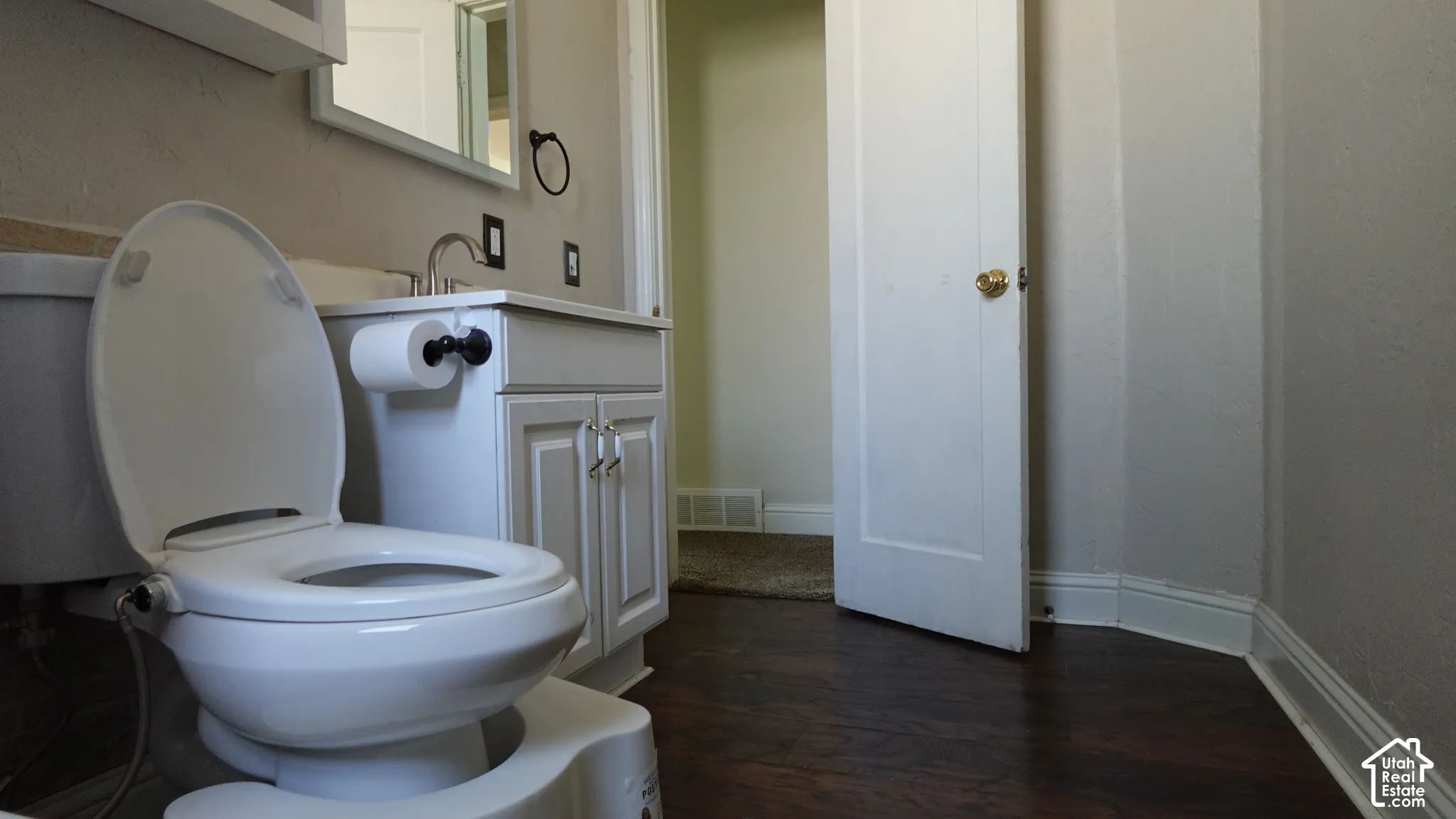 White vanity with dual cabinet storage, brushed nickel faucet, and wood-finish flooring
