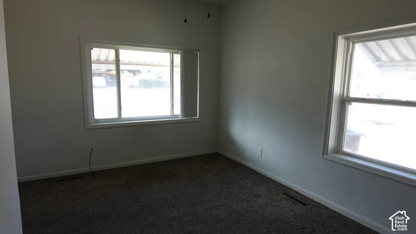 Neutral wall color, carpet flooring, two windows with white trim, and a ceiling fan