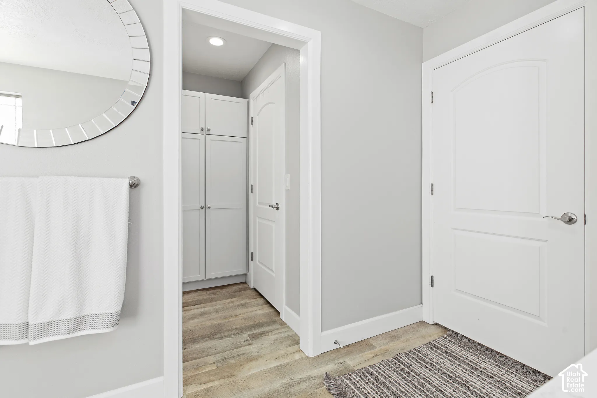 Wood-finish flooring, white paneled doors, and built-in white cabinetry