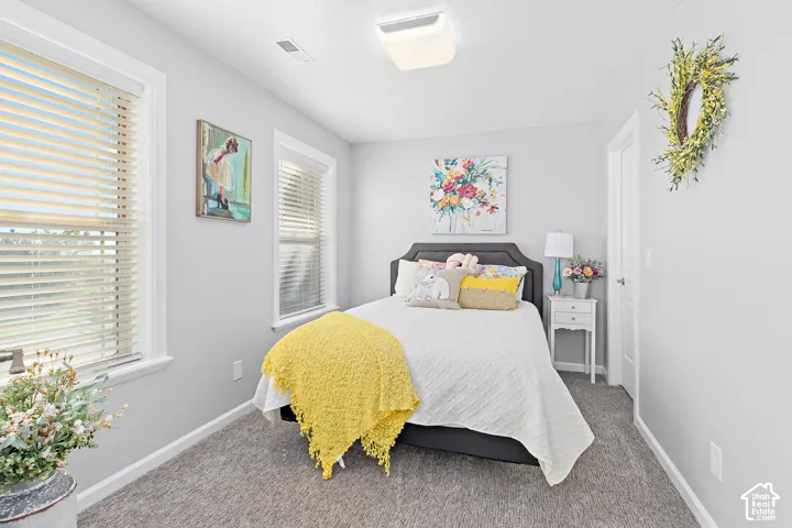Light gray wall paint, two windows with blinds, white trim, gray carpet flooring, and a flush mount ceiling light
