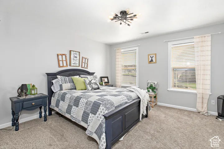 Wall-to-wall carpeting, two single-hung windows, and a ceiling-mounted light fixture
