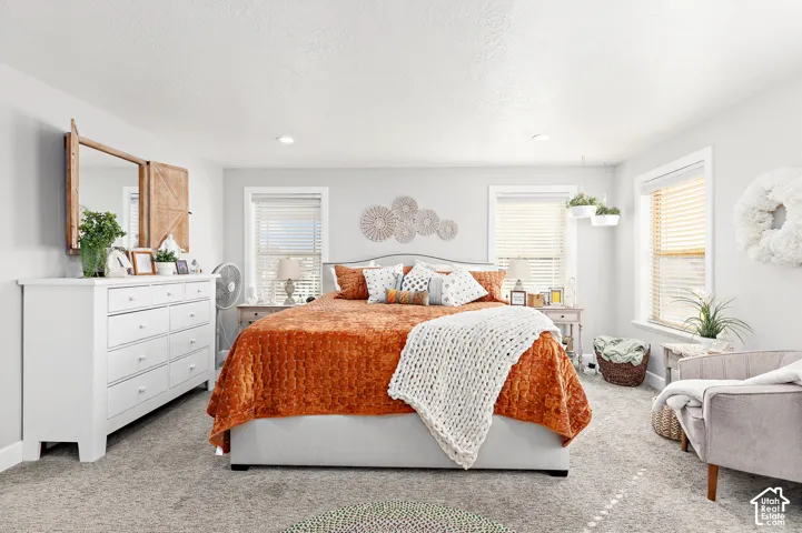 Recessed lighting, light gray walls, two windows with blinds, and carpeted flooring