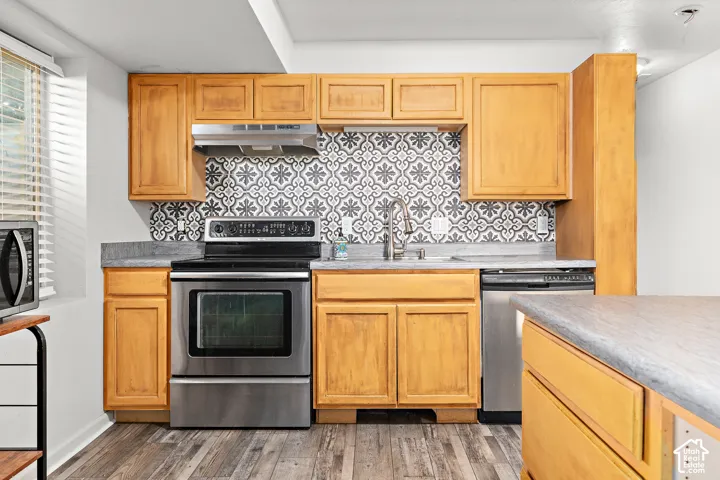 Wood-finish flooring with light wood cabinetry, a patterned tile backsplash, stainless steel appliances, and a double basin sink with a gooseneck faucet