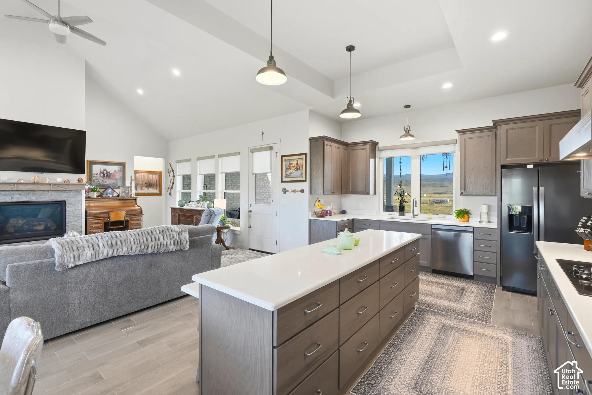 Open-concept living space with vaulted ceilings