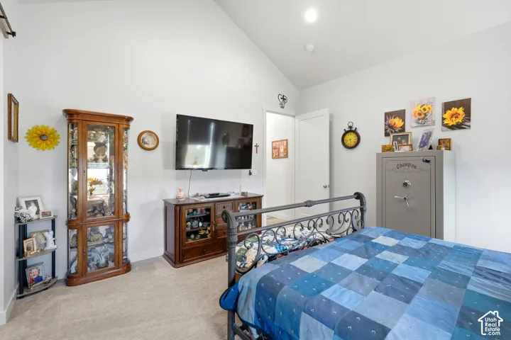 Vaulted ceiling, recessed lighting, carpet flooring, solid core door