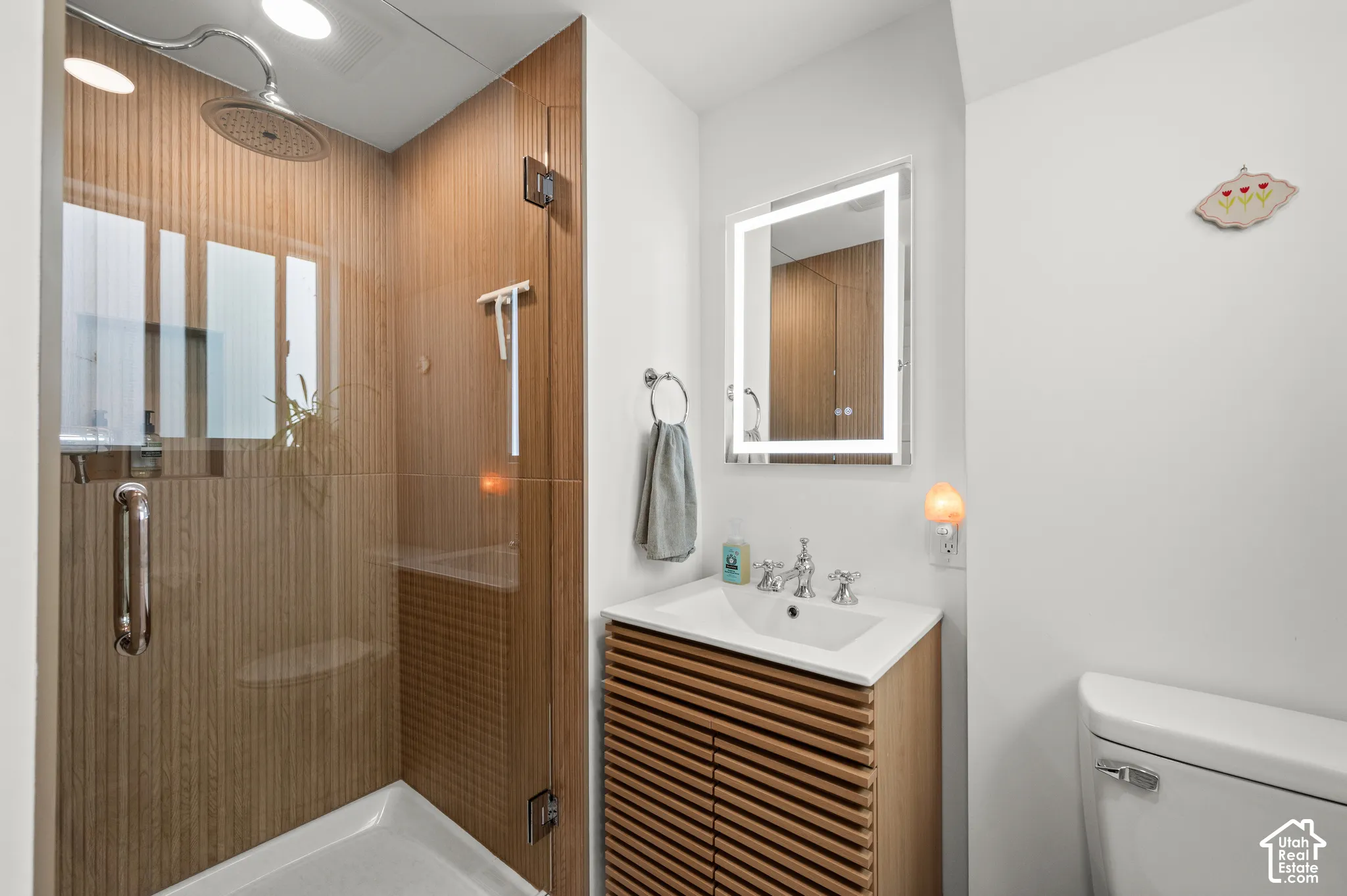 Glass-enclosed shower with a rainfall showerhead