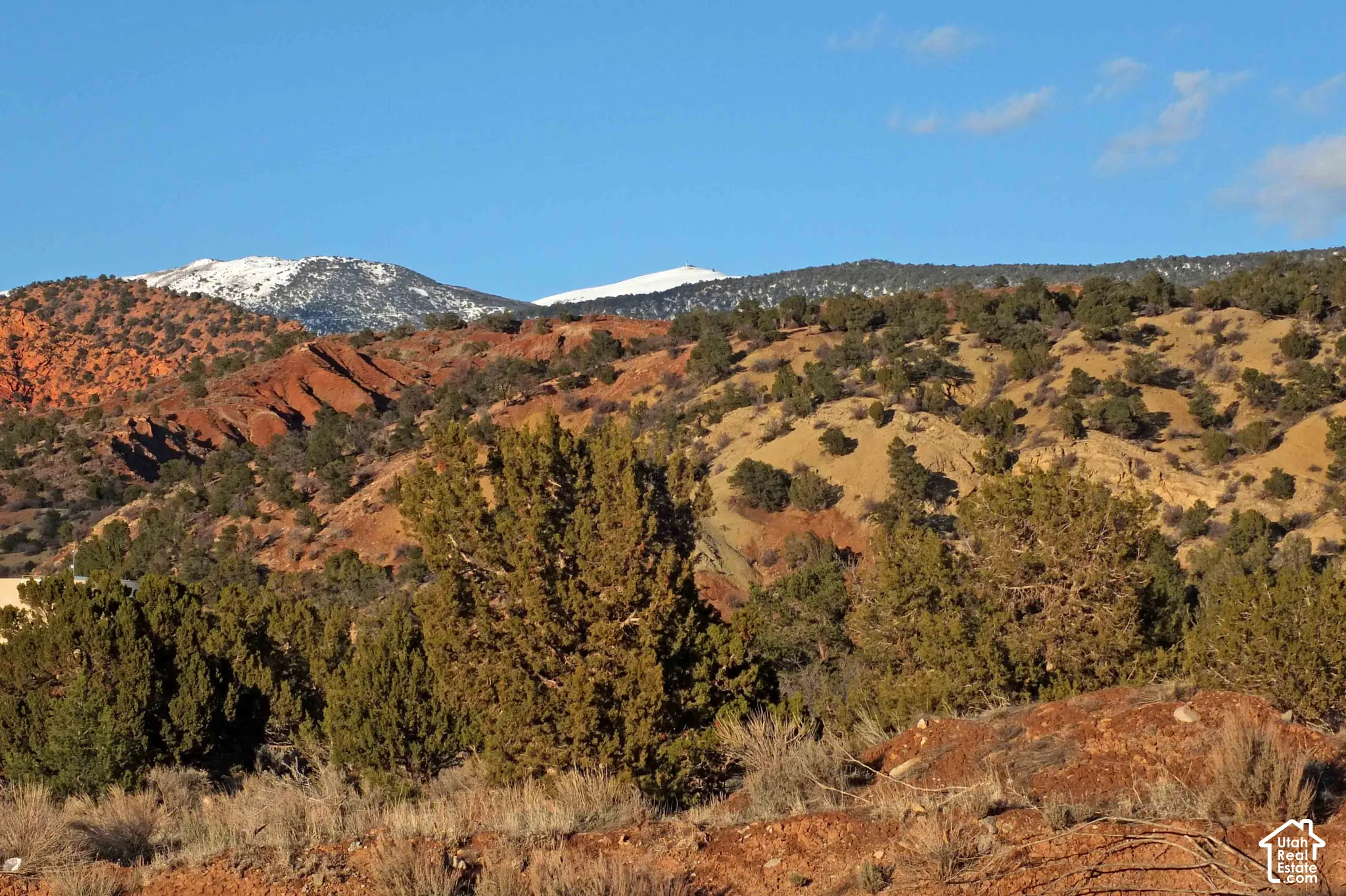 Snow-capped mountain peaks, rugged terrain, scattered evergreen trees, and red rock formations