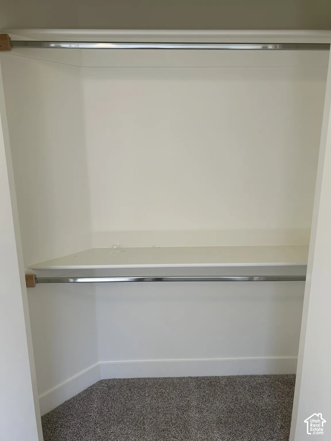 Built-in closet shelving and chrome hanging rod over carpeting