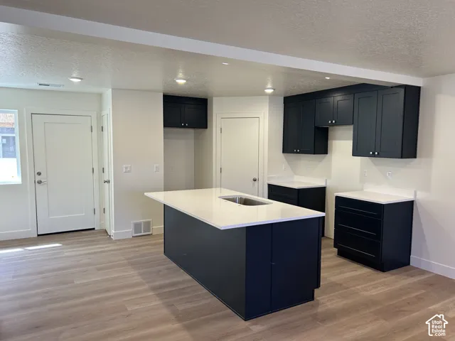 Spacious kitchen featuring dark cabinetry, solid surface countertops, a central island with an integrated sink, and wood-finish flooring