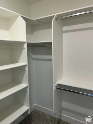 Built-in custom shelving, multiple hanging rods, and dark gray carpeting