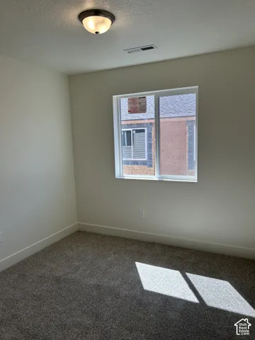 Neutral-toned wall finish, gray-toned carpeting, and a single window with a white frame