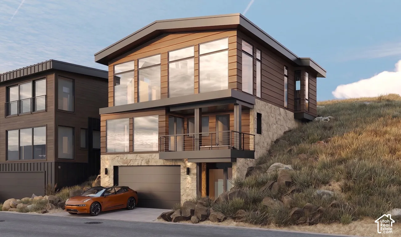 Modern renderings architectural design featuring extensive window fenestration, wood-tone siding, and stone cladding